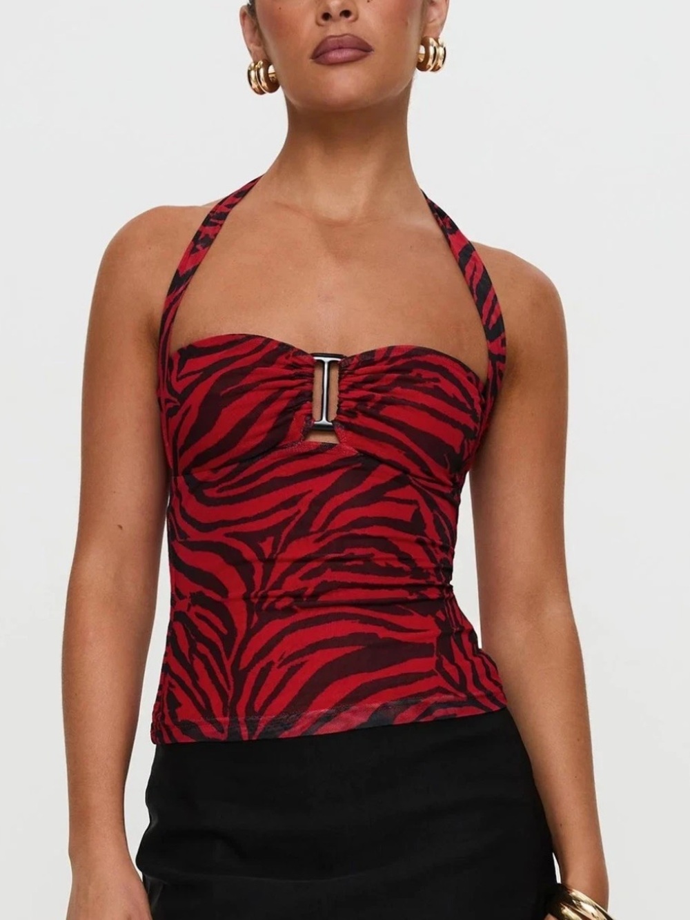 Official OBSESSION NIKKI Women Red Black Animal Print Halter Top 12